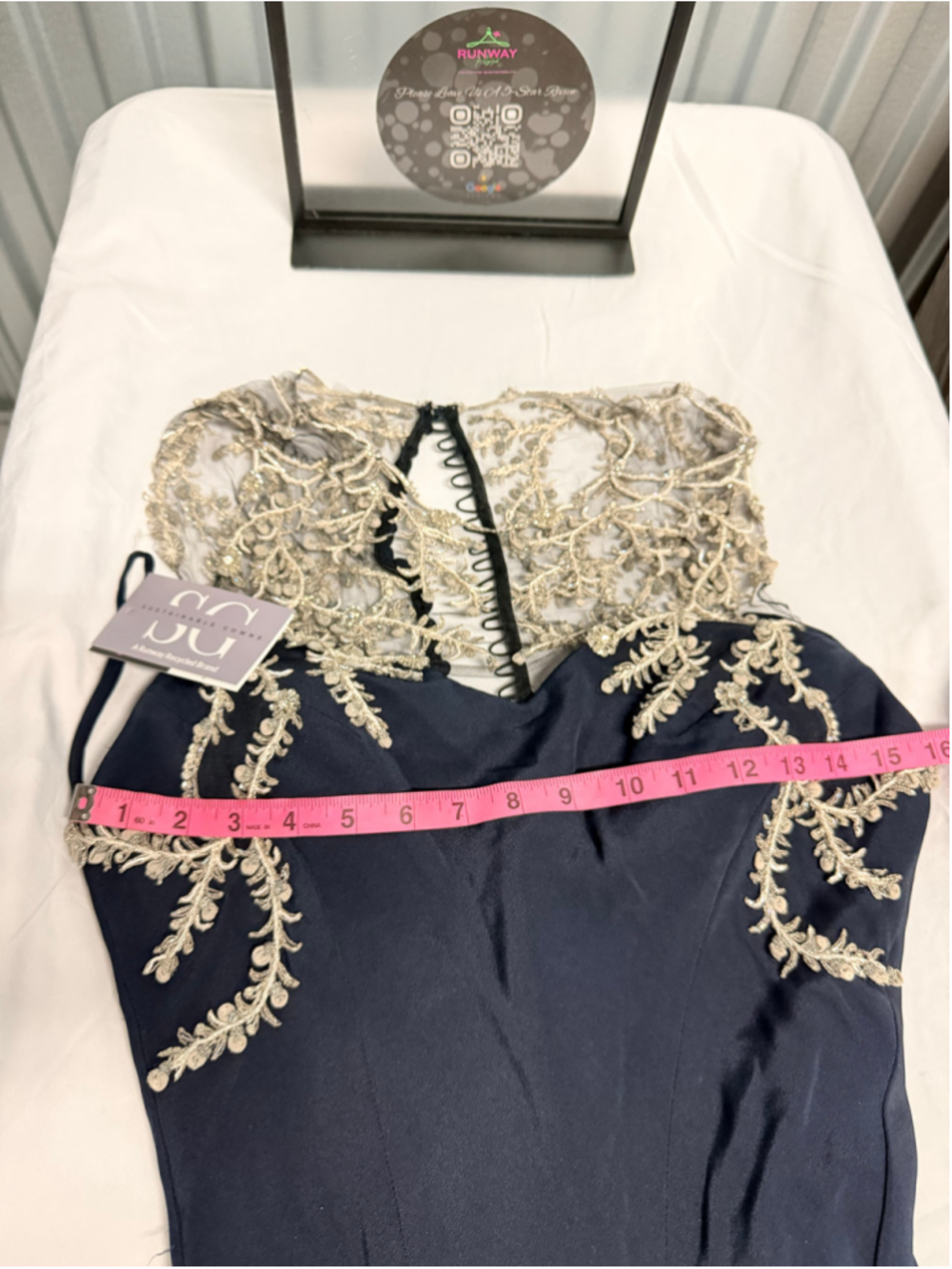 Anna Maier Couture Navy Blue Formal Gown | Silver Embroidered Illusion Bodice | - Picture 13 of 17